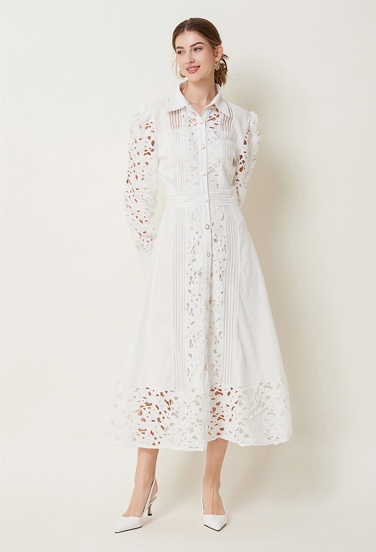 Hollow lace France style lapel autumn long sleeve retro dress