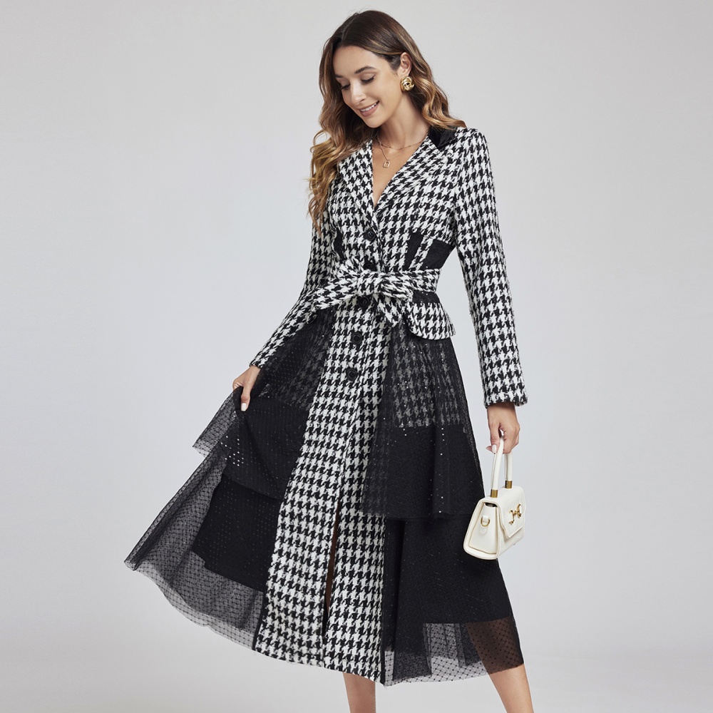 Houndstooth gauze business suit classic overcoat