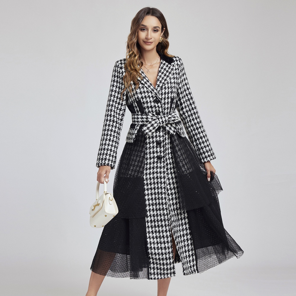 Houndstooth gauze business suit classic overcoat