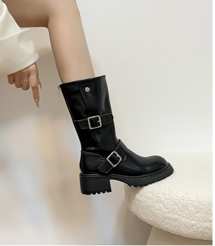 Belt buckle boots thick crust women's boots