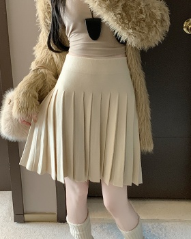 Pleated slim high waist short skirt brown knitted skirt