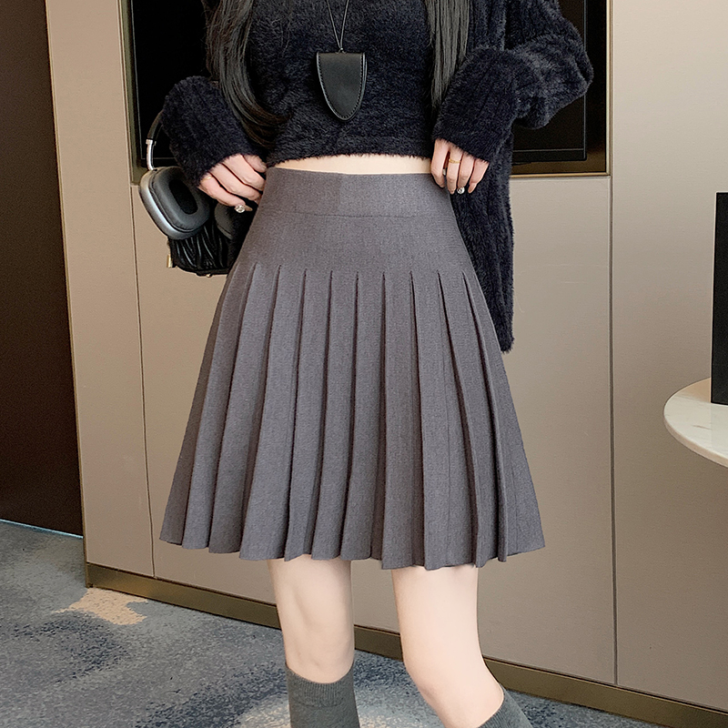 Pleated slim high waist short skirt brown knitted skirt