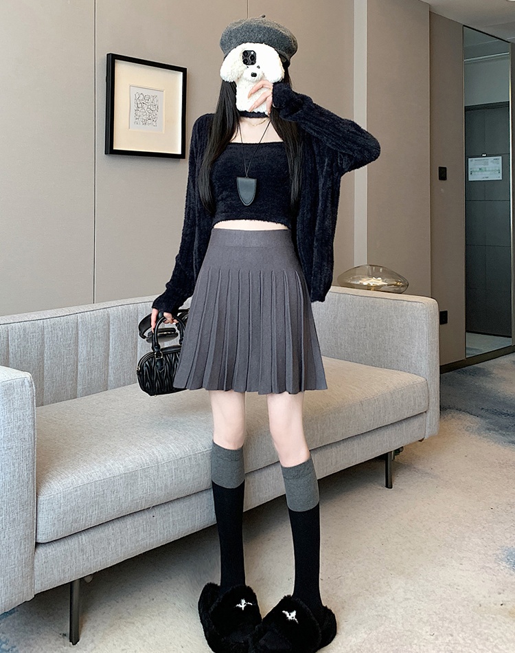 Pleated slim high waist short skirt brown knitted skirt