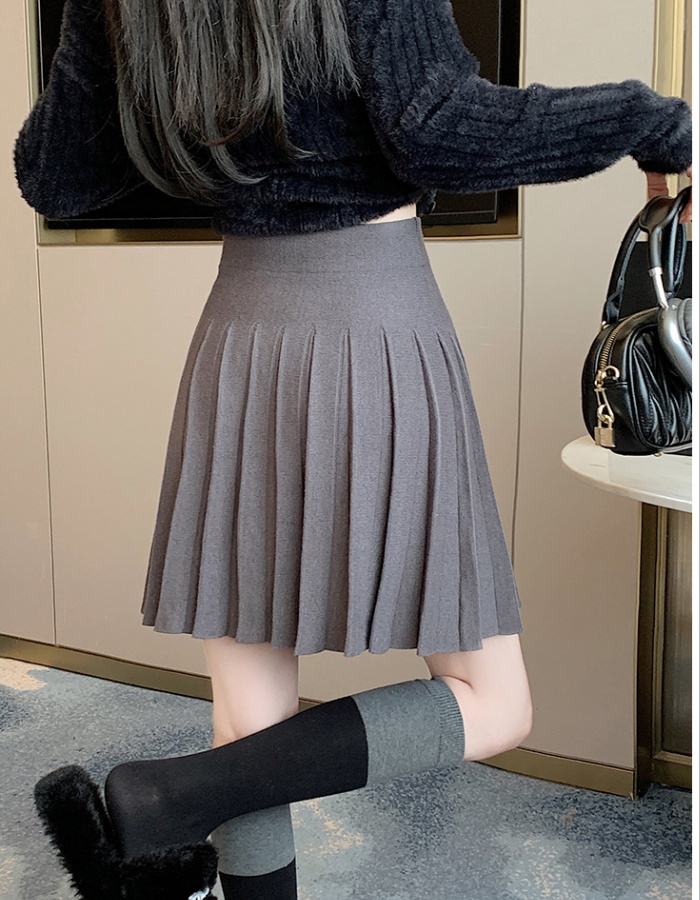 Pleated slim high waist short skirt brown knitted skirt