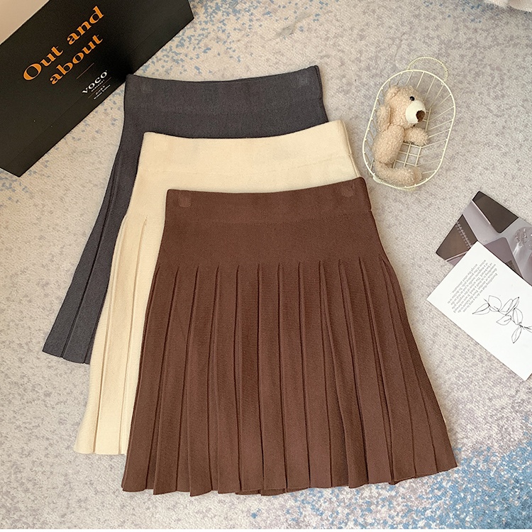 Pleated slim high waist short skirt brown knitted skirt