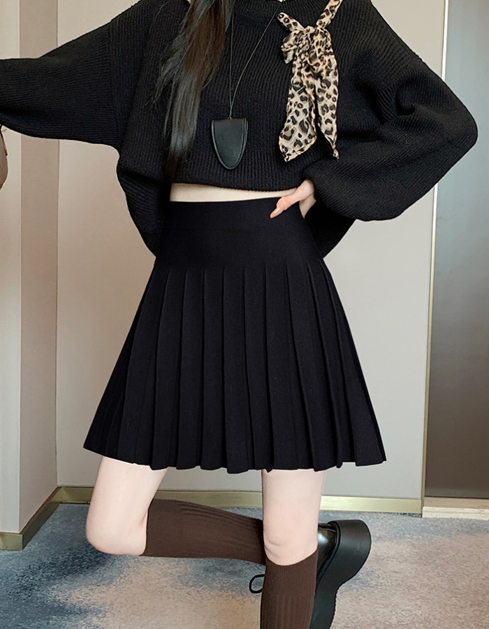 Pleated slim high waist short skirt brown knitted skirt