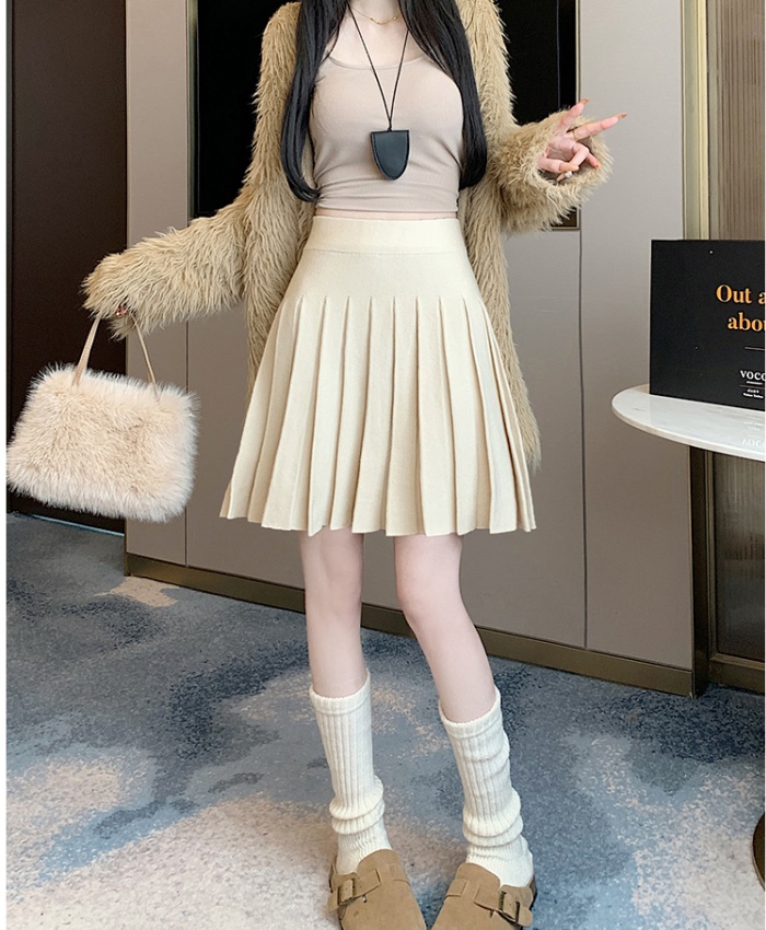 Pleated slim high waist short skirt brown knitted skirt