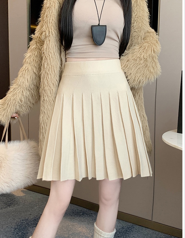 Pleated slim high waist short skirt brown knitted skirt