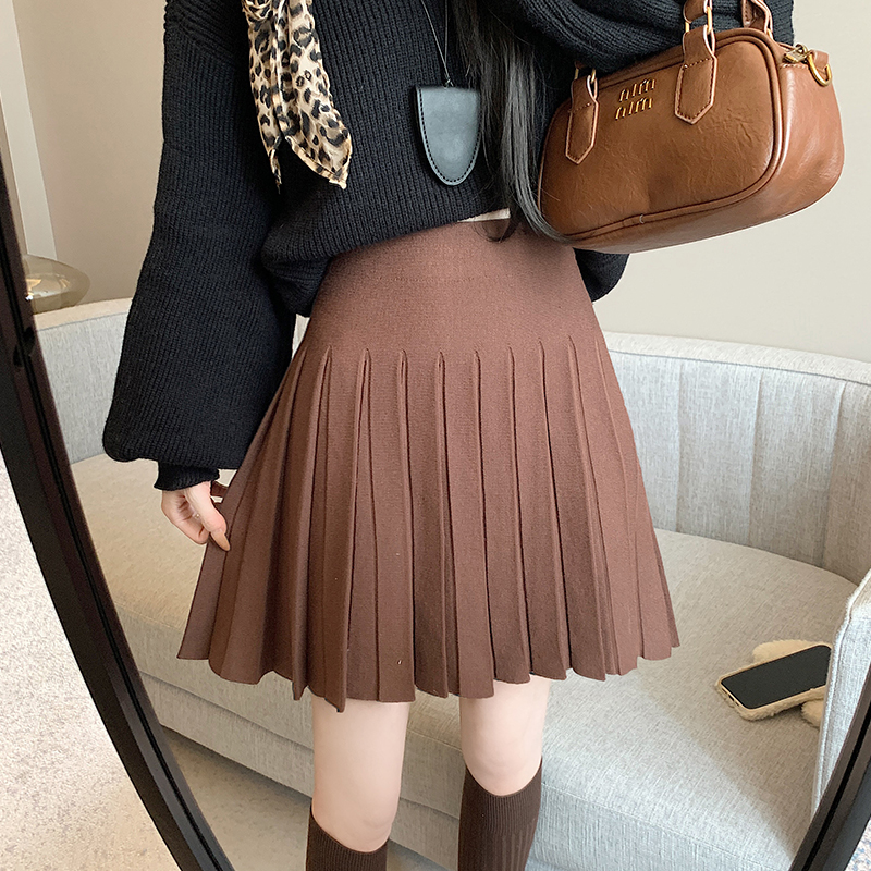 Pleated slim high waist short skirt brown knitted skirt