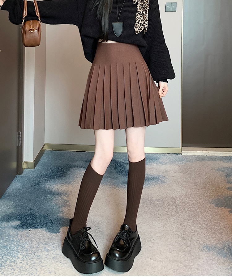 Pleated slim high waist short skirt brown knitted skirt