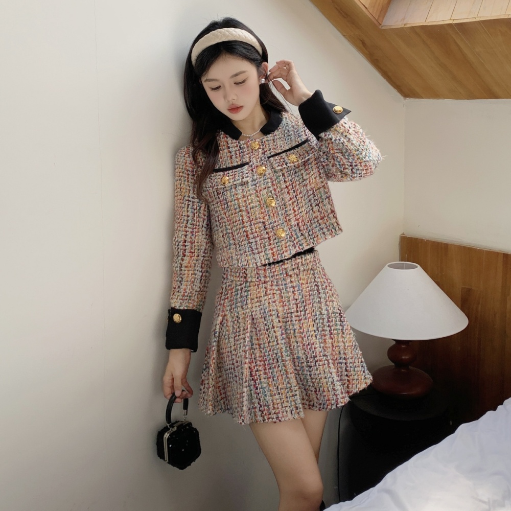 Coarse flower chanelstyle coat mixed colors skirt 2pcs set