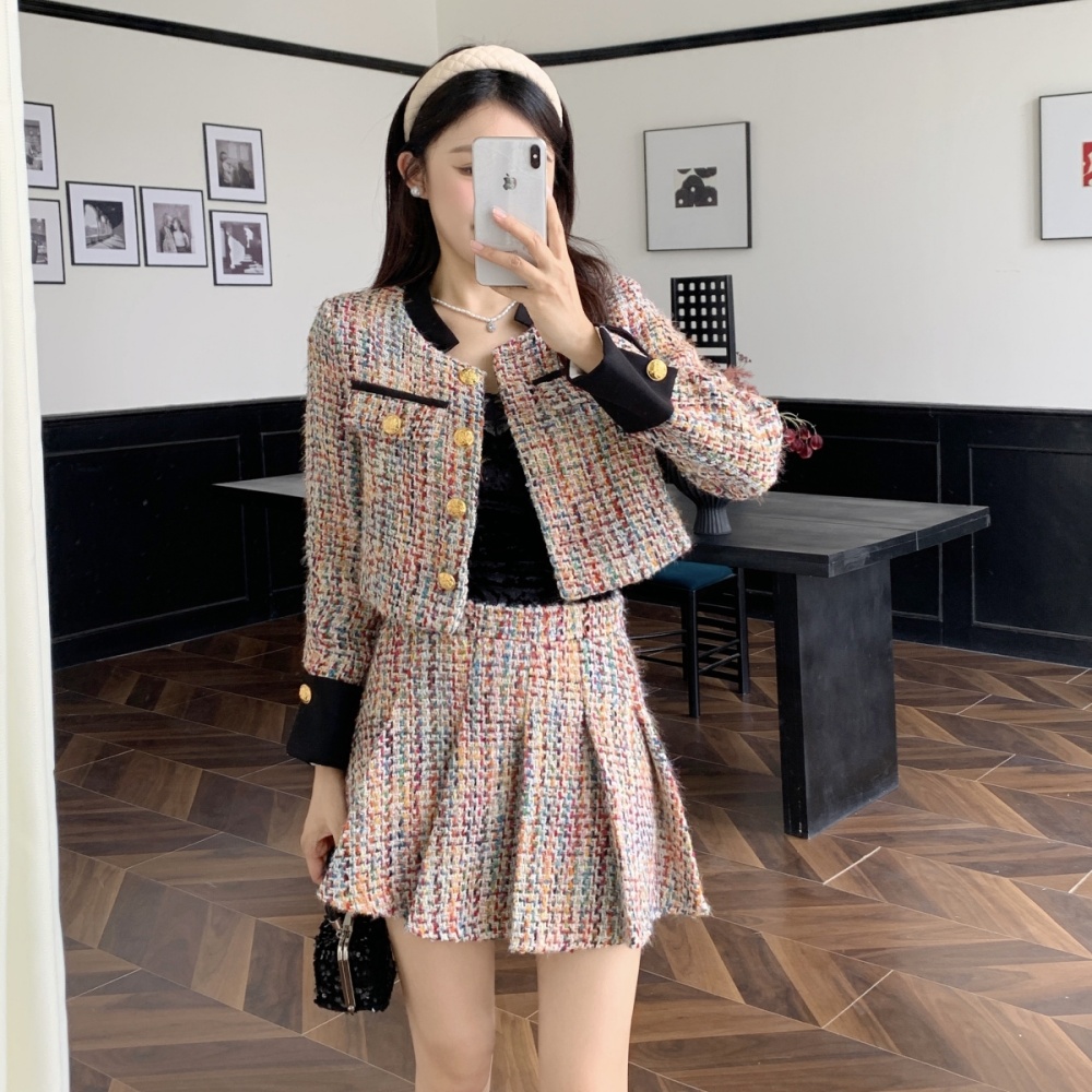 Coarse flower chanelstyle coat mixed colors skirt 2pcs set