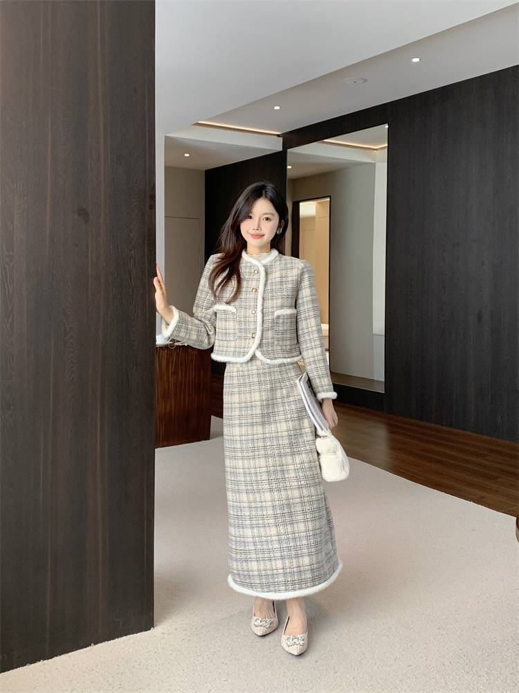 Clip cotton winter skirt ladies jacket 2pcs set