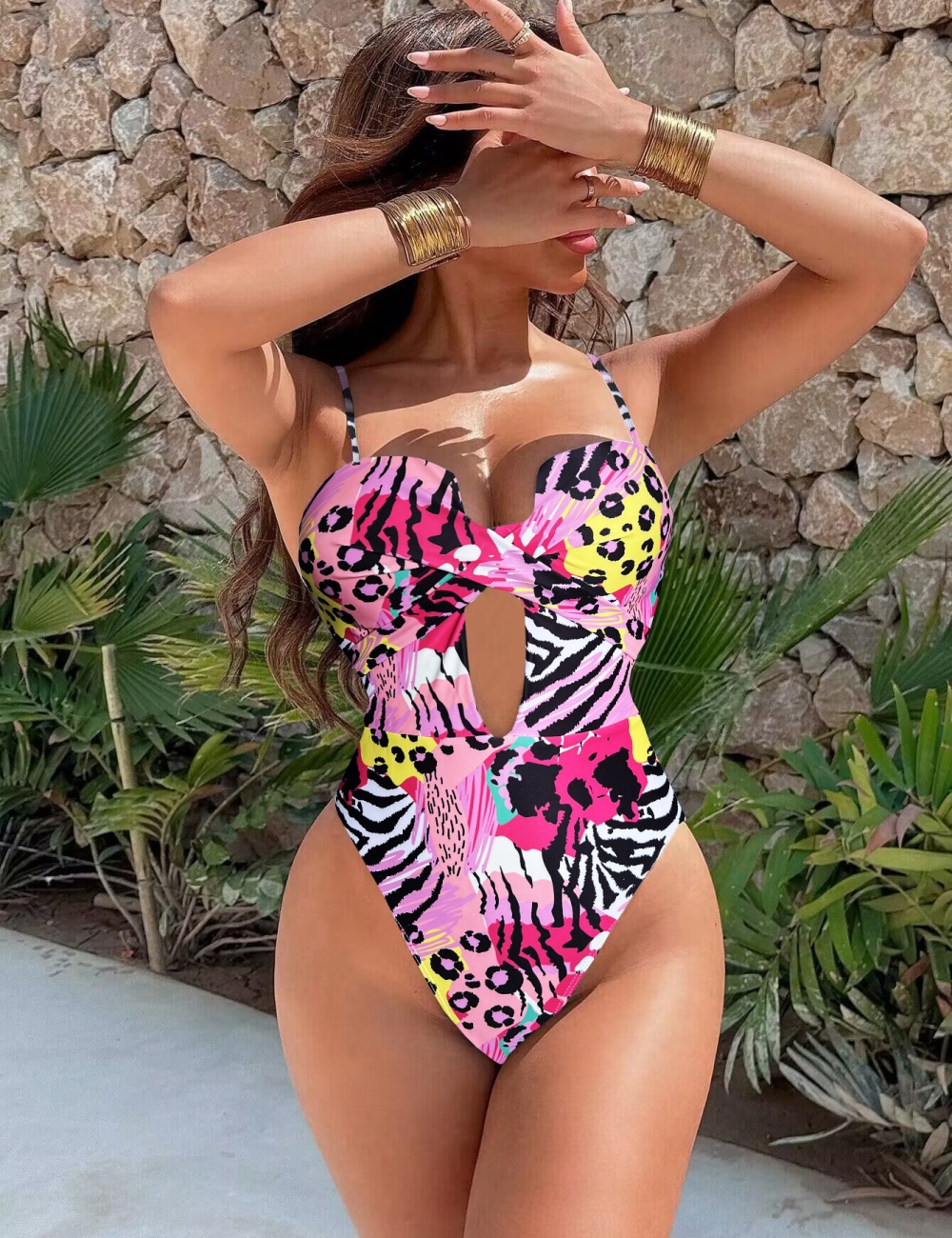 Leopard pink shoulder strap conjoined hollow swimwear