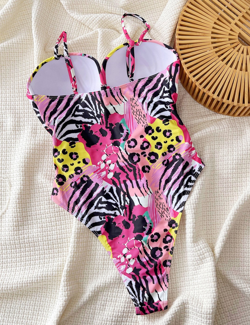 Leopard pink shoulder strap conjoined hollow swimwear