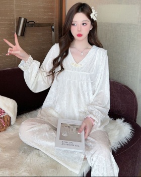 Lace long pants court style pajamas 2pcs set for women