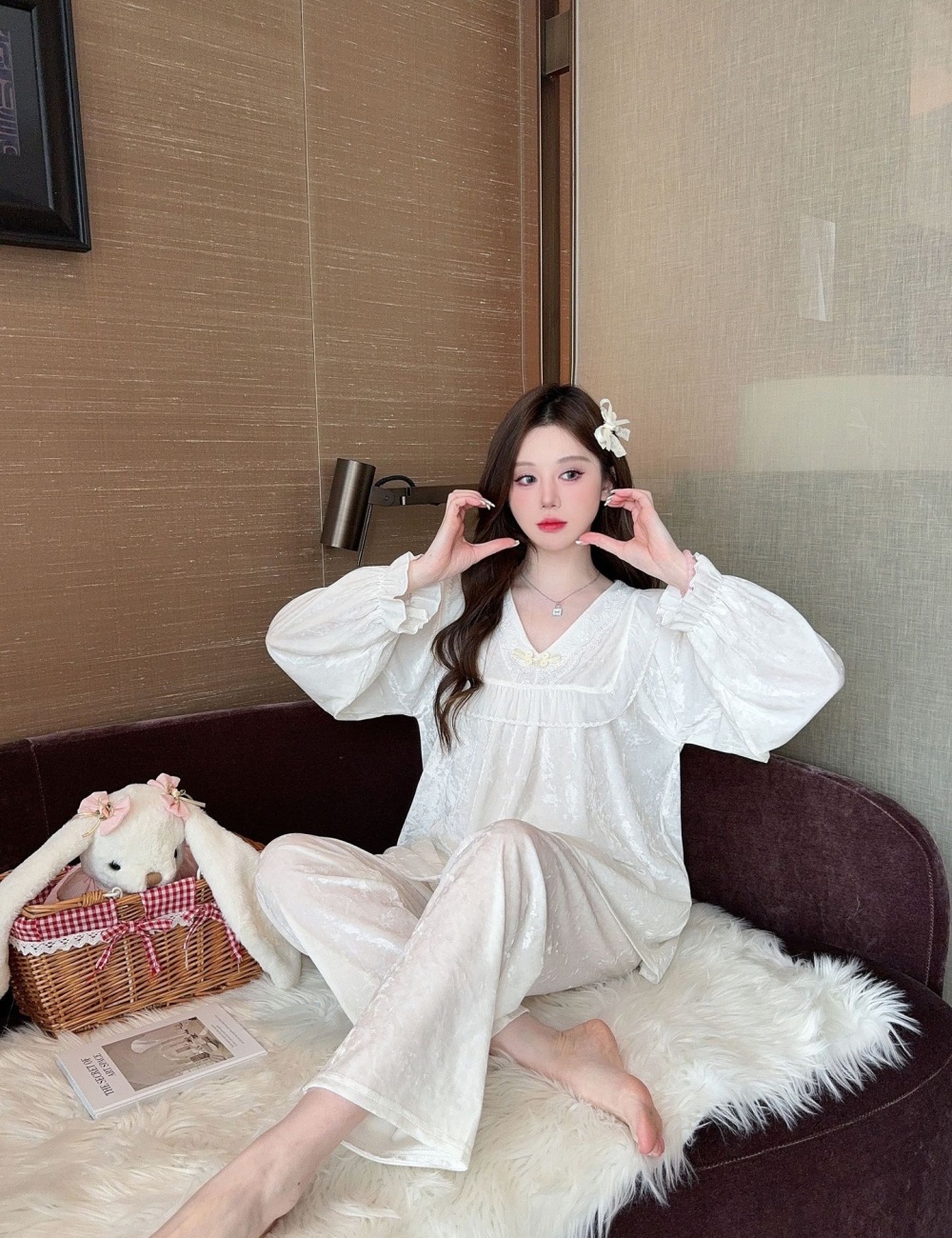 Lace long pants court style pajamas 2pcs set for women