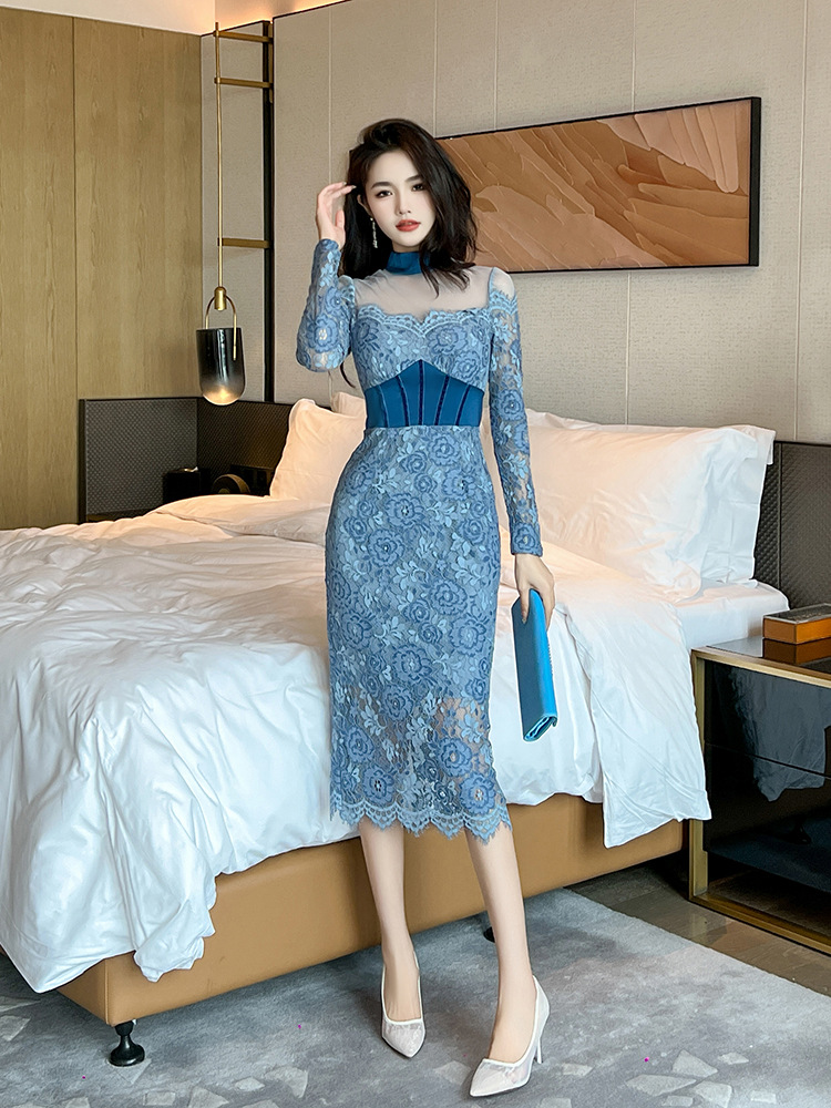 Lace France style long dress package hip dress