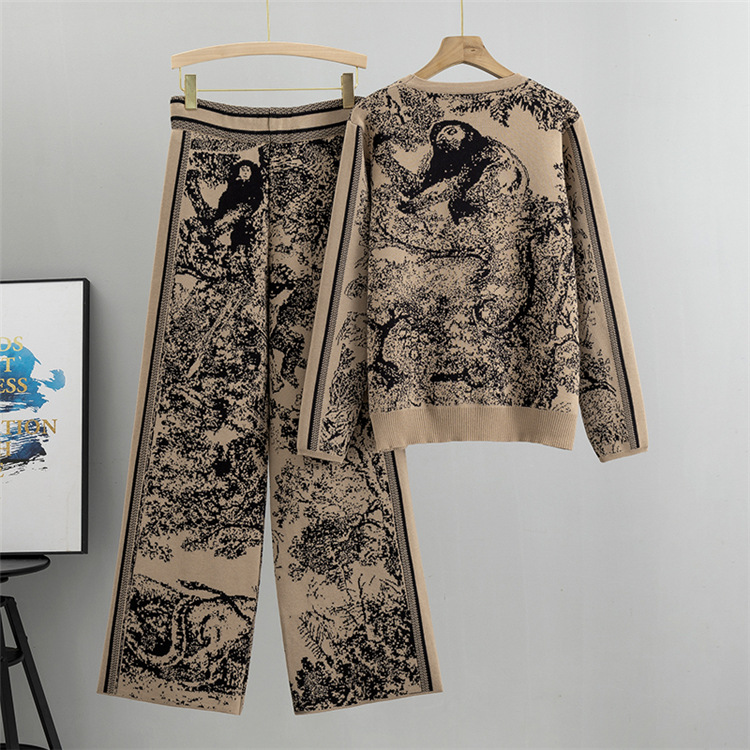 Loose tiger wide leg pants knitted sweater 2pcs set