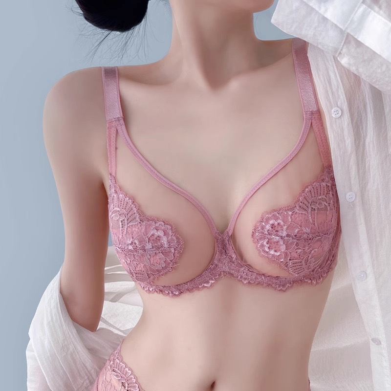 Pink gather underwear thin Bra a set for women