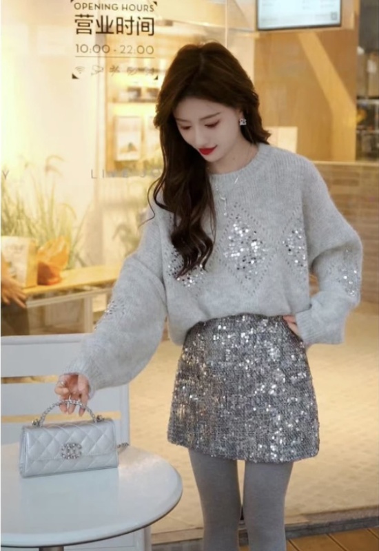 Knitted quilted tops sequins sweater