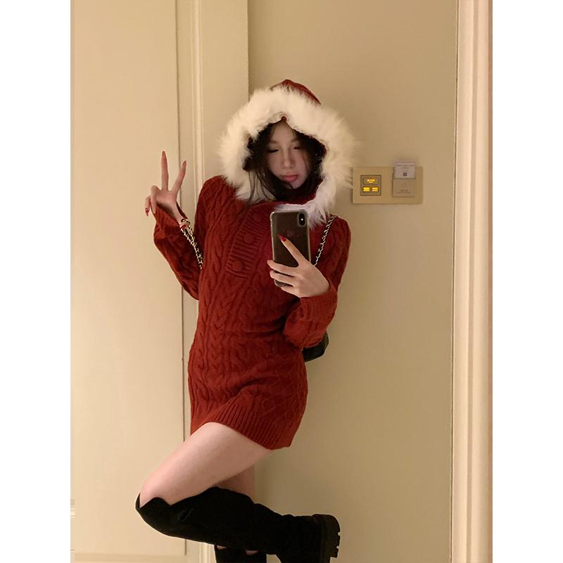 Knitted enticement cherry fur collar dress