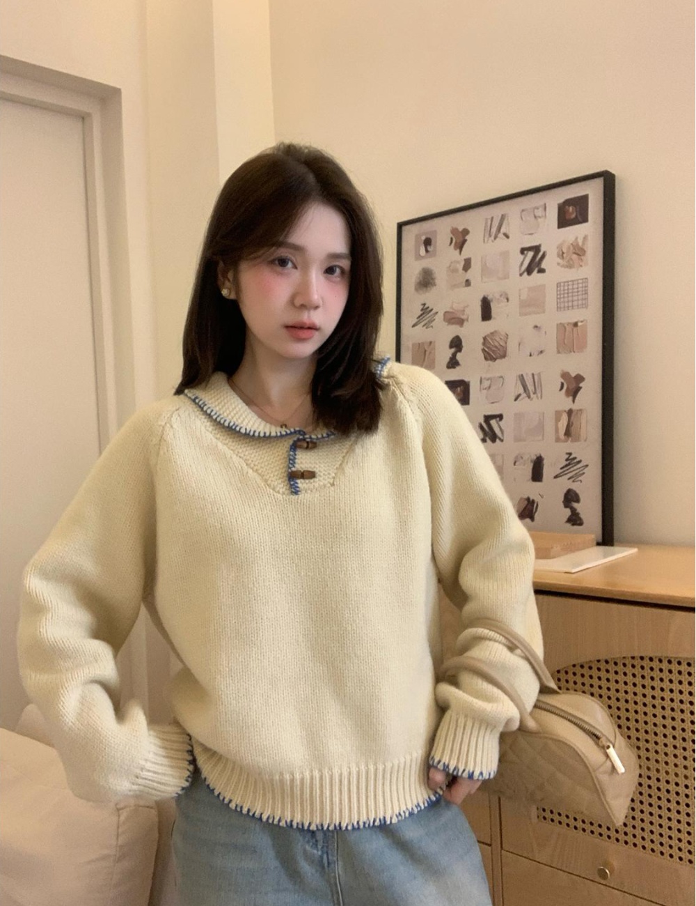 All-match horn buckle slim winter lapel lazy sweater