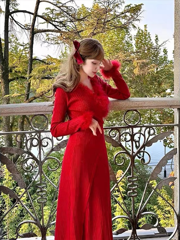 France style red slim sweater V-neck exceed knee dress