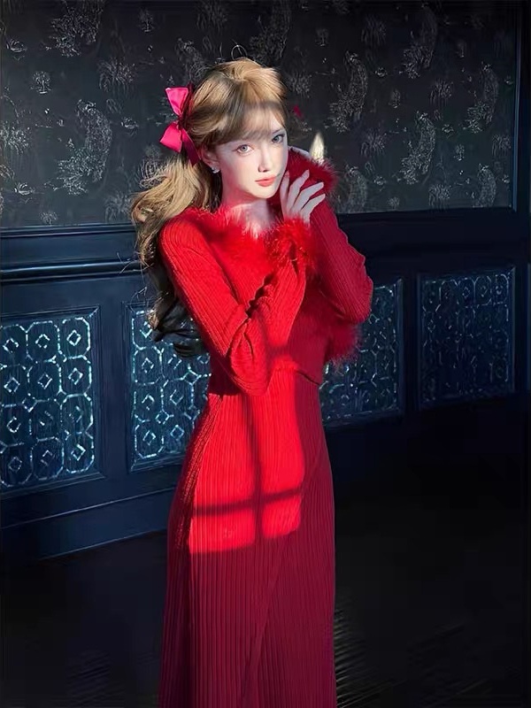 France style red slim sweater V-neck exceed knee dress