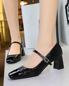 Leather retro mixed colors square head thick shoes