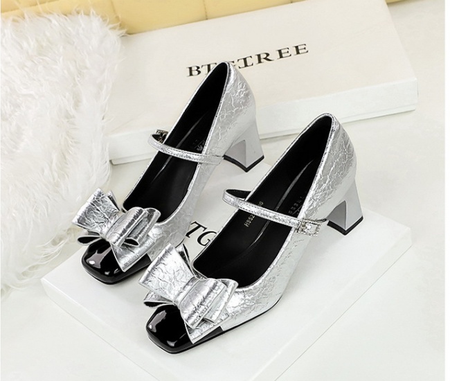 Low splice middle-heel bow square head thick shoes for women