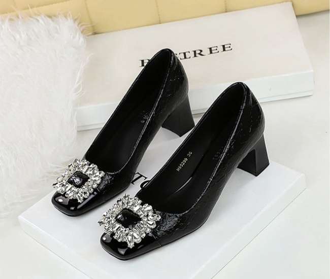 Middle-heel square head slim rhinestone shoes for women