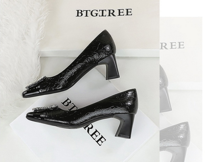 Middle-heel square head slim rhinestone shoes for women