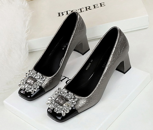 Middle-heel square head slim rhinestone shoes for women