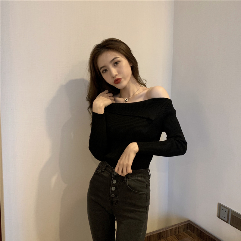 Nightclub strapless tops clavicle long sleeve sweater