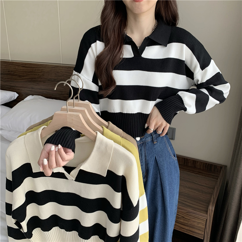 Pullover autumn stripe Korean style lapel long sleeve short sweater