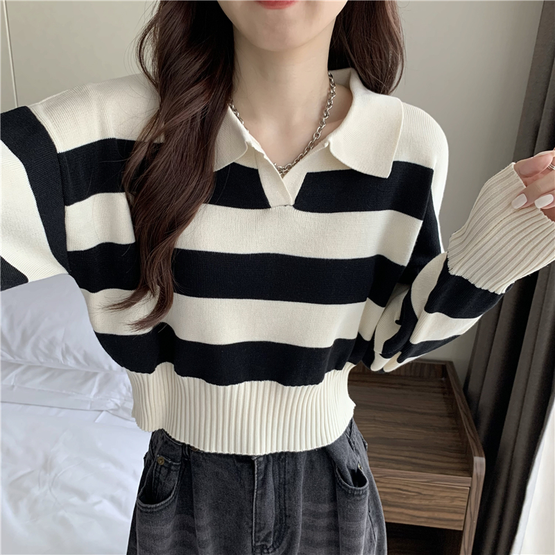 Pullover autumn stripe Korean style lapel long sleeve short sweater