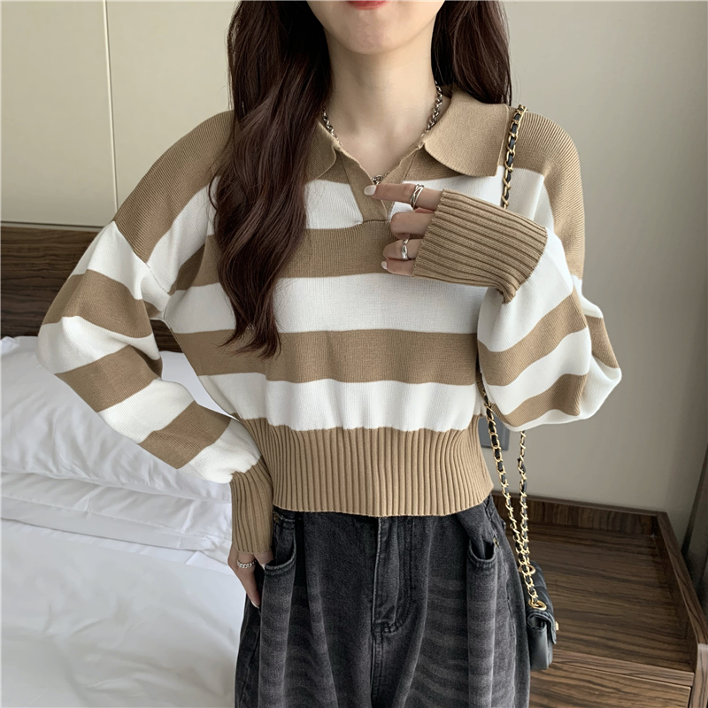 Pullover autumn stripe Korean style lapel long sleeve short sweater