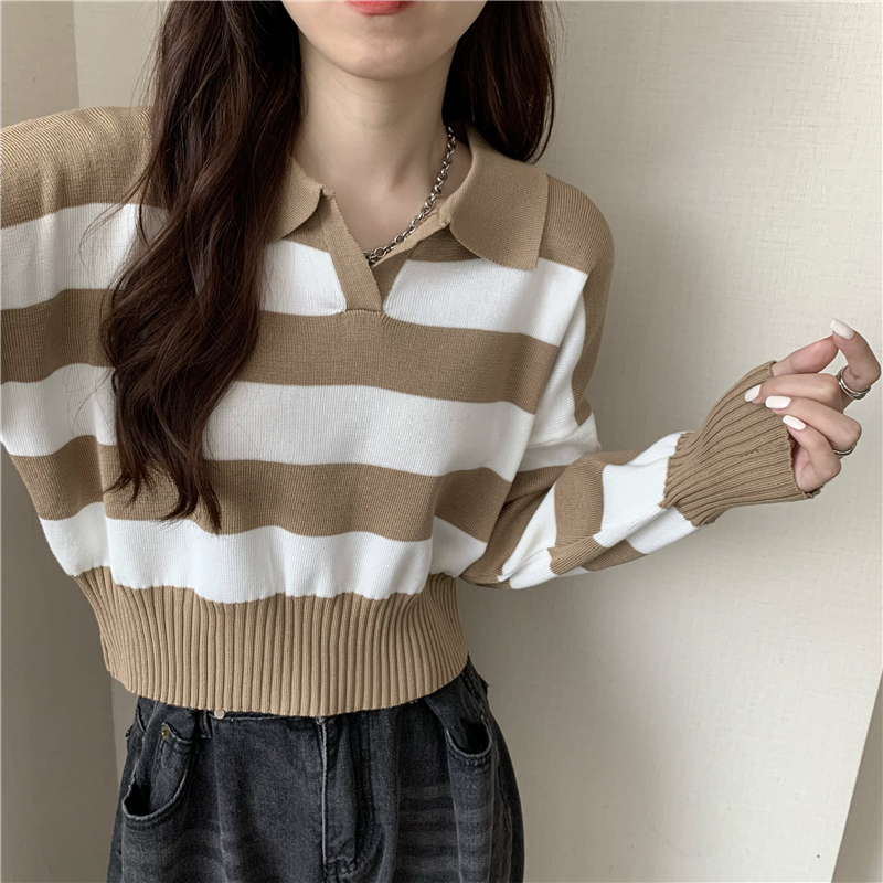 Pullover autumn stripe Korean style lapel long sleeve short sweater