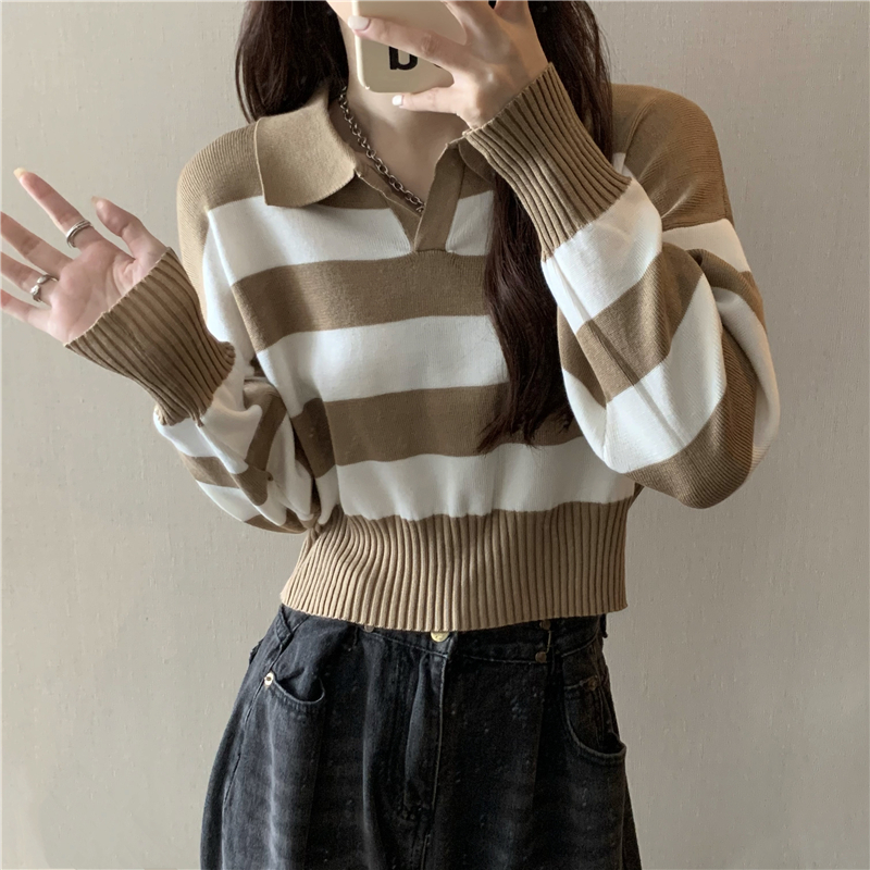 Pullover autumn stripe Korean style lapel long sleeve short sweater