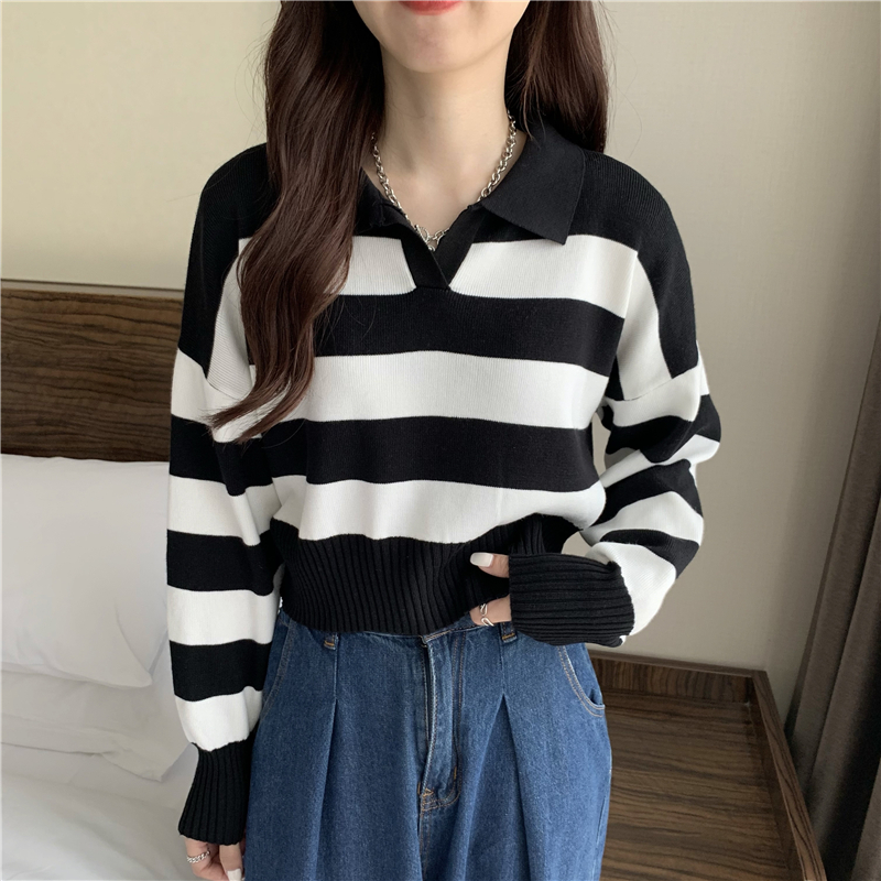 Pullover autumn stripe Korean style lapel long sleeve short sweater