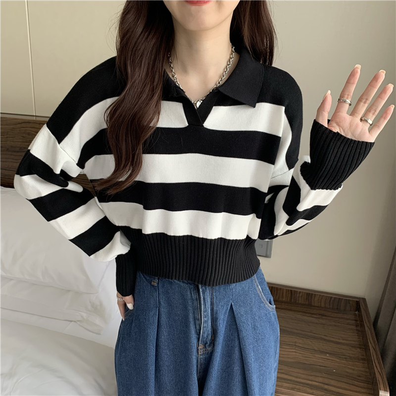 Pullover autumn stripe Korean style lapel long sleeve short sweater