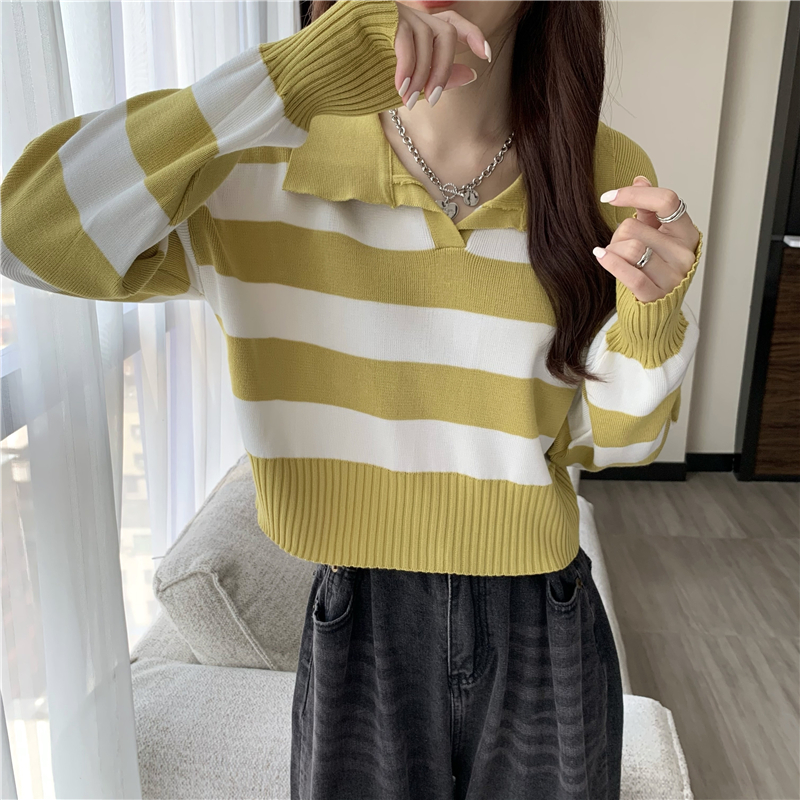 Pullover autumn stripe Korean style lapel long sleeve short sweater