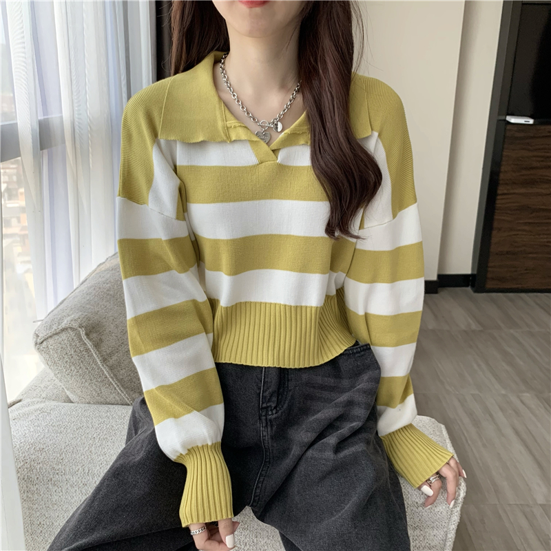 Pullover autumn stripe Korean style lapel long sleeve short sweater