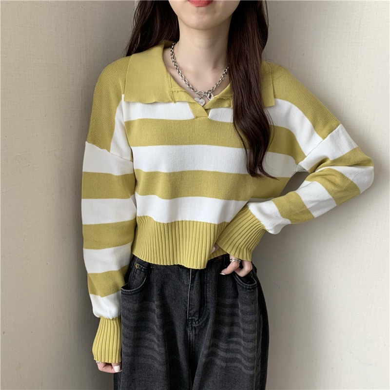 Pullover autumn stripe Korean style lapel long sleeve short sweater