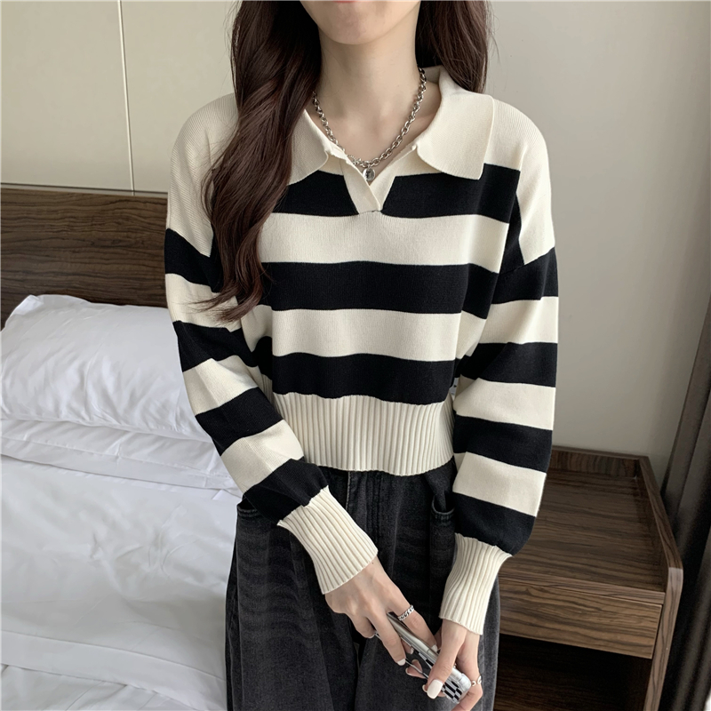 Pullover autumn stripe Korean style lapel long sleeve short sweater