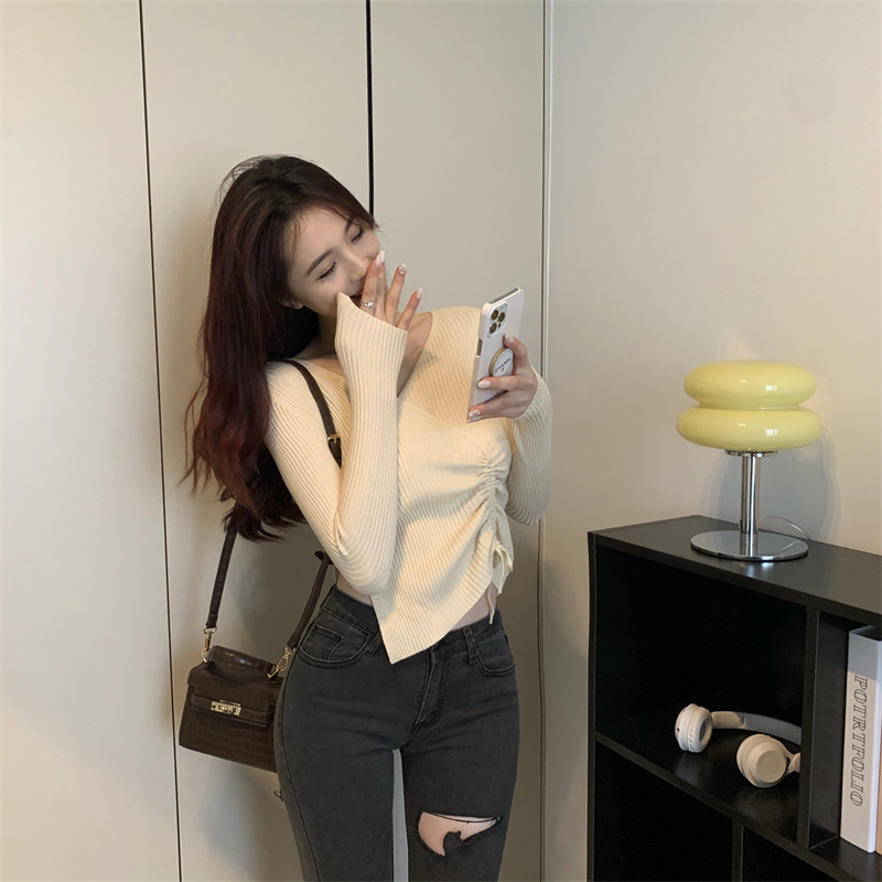 Drawstring sweater bottoming shirt for women