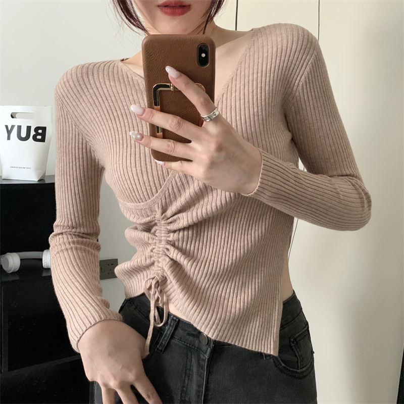 Drawstring sweater bottoming shirt for women