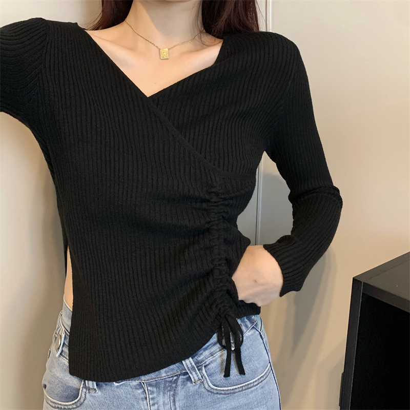 Drawstring sweater bottoming shirt for women