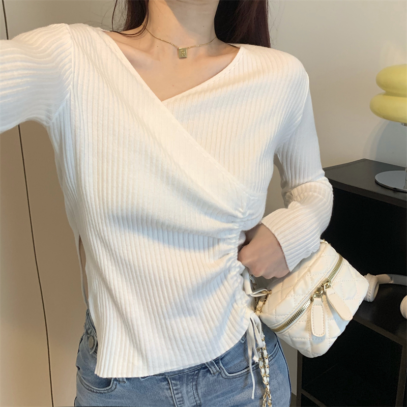 Drawstring sweater bottoming shirt for women